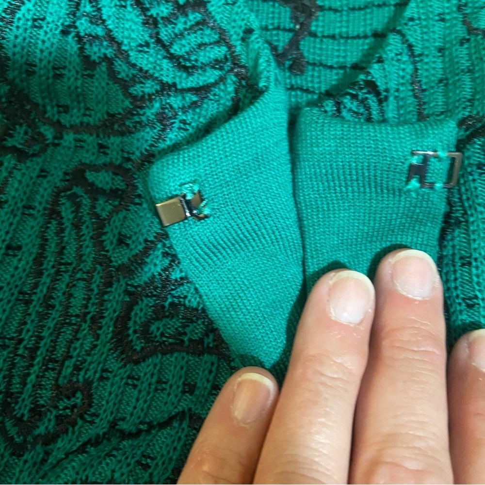 Ming Wang Green Knit Jacket with Black Floral Design - Picture 12 of 13